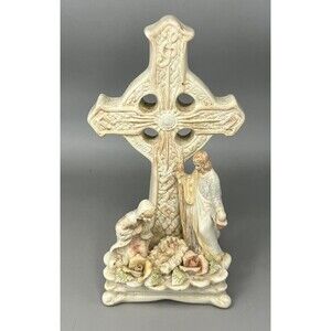 Vintage Ceramic Nativity Scene Cross Standing Figurine 6”